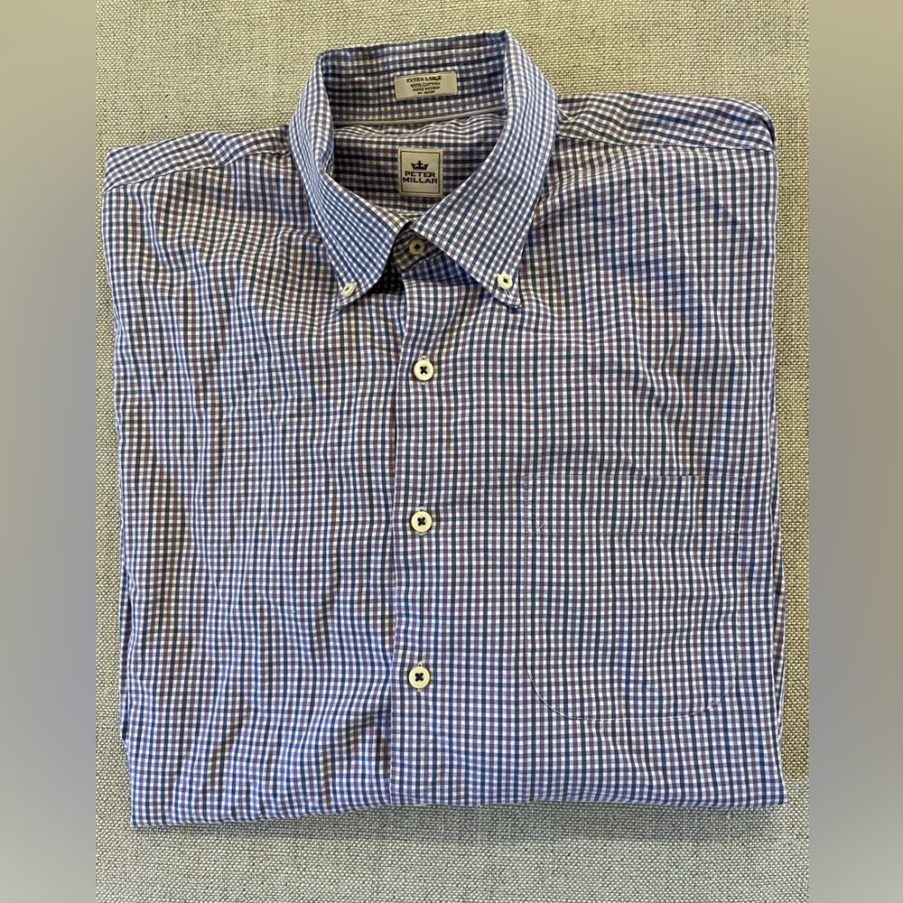 Peter Millar Mini Check Print Cotton‎ Button Down Sport Shirt Size XL